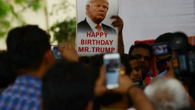 Indian right-wing Hindu activists hold a celebration to mark the 70th birthday of US Republican presidential candidate Donald Trump in New Delhi on June 14, 2016.
A far-right Hindu group has previously held prayers in the Indian capital to support the Republican presidential nominee, whose ideas and campaign promises they hail, and with  supporters saying he had the potential to "save humanity". / AFP / MONEY SHARMA        (Photo credit should read MONEY SHARMA/AFP/Getty Images)