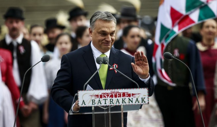 BUDAPEST, HUNGARY - MARCH 15: Hungarian Prime Minister Viktor Orban (C) gestures as he delivers a speech during Hungary's National Day celebrations, which also commemorates the 1848 Hungarian Revolution against the Habsburg monarchy in Budapest, Hungary on March 15, 2017. Arpad Kurucz / Anadolu Agency