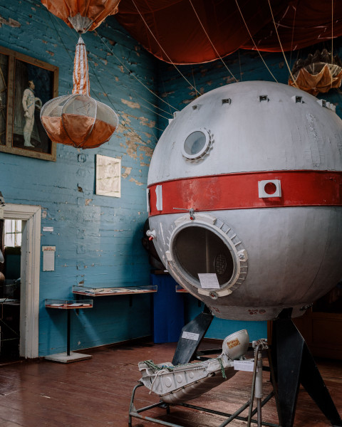Pereyaslav-Khmel'nyts'kyi, 29 May 2019. The museum of Cosmos. Installed in an old wooden church in 1979, this museum contains unique pieces of Soviet space explorations including the parachute that took Yuri Gagarin back to earth as well as the seat of his space capsule. © Niels Ackermann / Lundi13