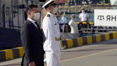 ODESSA, UKRAINE - JULY 5, 2020: Ukraine’s President Volodymyr Zelensky attends the opening of a naval parade marking Ukraine's Navy Day at the Odessa marine passenger terminal. The parade is held without public and streamed online amid the COVID-19 coronavirus pandemic. Konstantin Sazonchik/TASS,Image: 540048767, License: Rights-managed, Restrictions: , Model Release: no