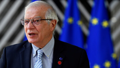 European Union for Foreign Affairs and Security Policy Josep Borrell talks during a statement before a Defence ministers meeting at the EU headquarters in Brussels, Belgium May 6, 2021. John Thys/Pool via REUTERS