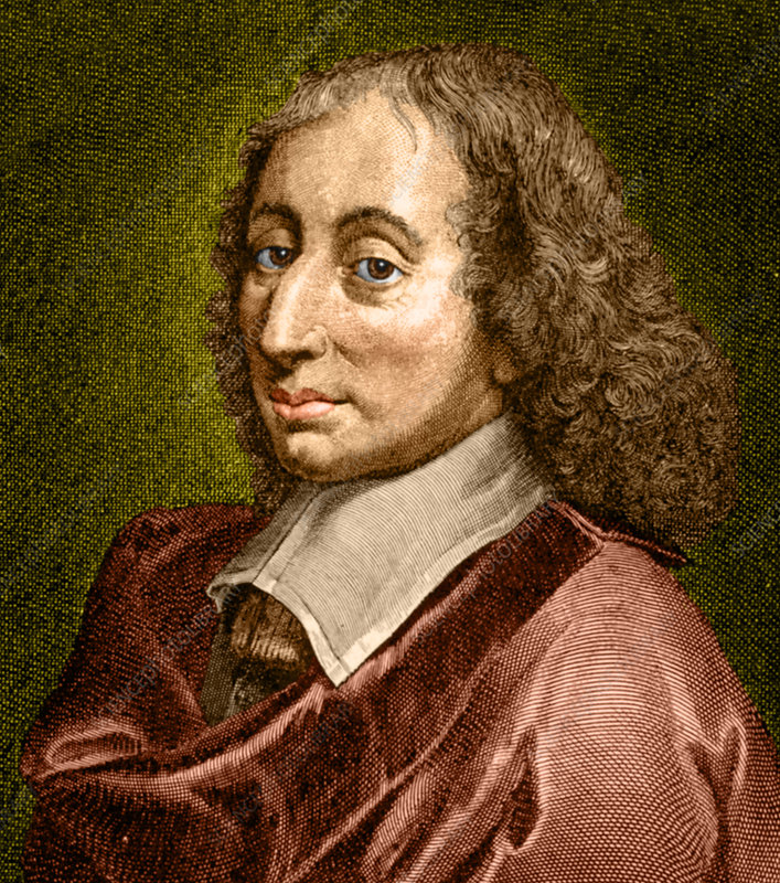 Color enhanced portrait of Blaise Pascal (1623-1662), a French mathematician, physicist, inventor, writer, Catholic philosopher and child prodigy. He made important contributions to the study of fluids, and clarified the concepts of pressure and vacuum. While still a teenager, he started some pioneering work on calculating machines, and after three years of effort he invented the mechanical calculator. His Traite du triangle arithmetique ('Treatise on the Arithmetical Triangle') of 1653 described a convenient tabular presentation for binomial coefficients, now called Pascal's triangle. Prompted by a friend interested in gambling problems, he corresponded with Fermat on the subject, and from that collaboration was born the mathematical theory of