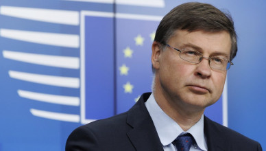 European Commission Executive Vice-President Valdis Dombrovskis talks to the press after the meeting of EU ministers during the ECOFIN Economic and Financial Council at the European Council building in Brussels, Tuesday, May 24, 2022. (AP Photo/Olivier Matthys)