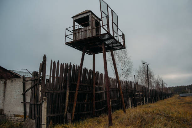 Old observation tower in abandoned Soviet Russian prison complex.