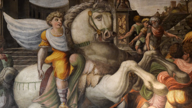 Alexander the Great tames the horse Bucephalus (Alexandre le Grand dompte le cheval Bucephale)
Fresco by Giovanni Antonio Bazzi known as Il Sodoma (1477-1549)
In Alexander the Great and Roxane's wedding hall at Villa Farnesina (La salle des noces d'Alexandre le Grand et Roxane)
 The life of Alexander the Great provides the theme of the room and the main scene illustrates the night of Alexander's wedding with Roxane.
- Built on the Tiber banks at the beginning of 16th century for the banker and patron Agostino Chigi, Villa Farnesina is one of the Renaissance most impressive and successful combination of architecture and decoration in a private house.
Rome, Italy. 2019.
Photo: Eric Vandeville,Image: 421302357, License: Rights-managed, Restrictions: , Model Release: no