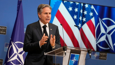 United States Secretary of State Antony Blinken addresses a media conference during a meeting of NATO foreign ministers at NATO headquarters in Brussels, Wednesday, April 5, 2023. (AP Photo/Virginia Mayo)
