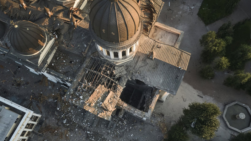 The Odesa Transfiguration Cathedral is seen heavily damaged following Russian missile attacks in Odesa, Ukraine, Sunday, July 23, 2023. (AP Photo/Libkos)
