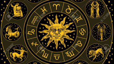 Zodiac Wheel. Astrology horoscope with circle, sun and signs. Calendar template on black background. Collection outline animals. Poster or banner, Label or sticker. Engraved hand drawn vintage sketch