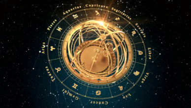 4K. Zodiac Signs and Armillary Sphere On Blue Background. Seamless Looped. 3D Animation.