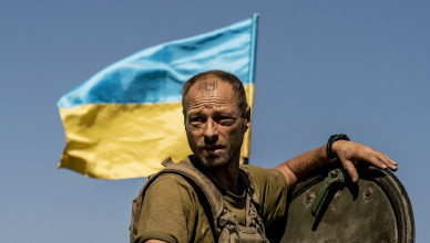 DONETSK OBLAST, UKRAINE - AUGUST 19: A Ukrainian soldier is seen in a BMP-1 Infantry Fighting Vehicle with a Ukrainian flag during a military training of the Ukrainian Army near Chasiv Yar as Russia-Ukraine war continues in Donetsk Oblast, Ukraine on August 19, 2023. (Photo by Jose Colon/Anadolu Agency via Getty Images)