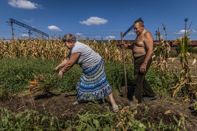 17 September 2023, Ukraine, Rostuschtsche: Switlana (61) and Wassyl (70) are harvesting their carrots in Rostushche near Zaporizhzhya on the edge of a railroad line. Their two sons are in the Ukrainian army and can only report during breaks in the fighting; one granddaughter is safe in Germany. Some suffer in silence, others give vent to their anger: the attacks against Ukraine have deeply shaken many people in the country. Russia is an enemy image even among those who for decades cultivated a culture of coexistence or even have Russian roots. (to dpa-KORR "Life in war: tears and anger in Ukraine") Photo: Oliver Weiken/dpa (Photo by Oliver Weiken/picture alliance via Getty Images)