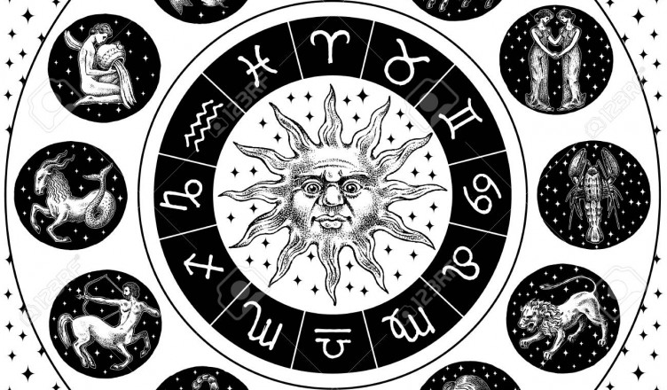Zodiac Wheel. Astrology horoscope with circle, sun and signs. Calendar template on black background. Collection outline animals. Poster or banner, Label or sticker. Engraved hand drawn vintage sketch