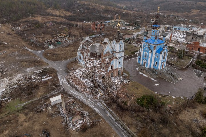 TOPSHOT - This aerial photograph shows a destroyed church and other destruction in the village of Bohorodychne, Donetsk region, on January 27, 2024, amid the Russian invasion of Ukraine. Bohorodychne is a village in the Donetsk region that came under heavy attack by Russian forces in June 2022, and captured on August 17, 2022. The Armed Forces of Ukraine announced on September 12, 2022, that they had taken back control over the village. (Photo by Roman PILIPEY / AFP) (Photo by ROMAN PILIPEY/AFP via Getty Images)