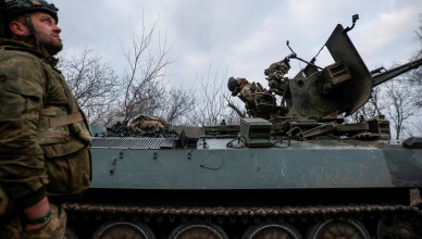 Ukrainian servicemen from air defence unit of the 93rd Mechanized Brigade monitor a sky at a frontline, amid Russia's attack on Ukraine, near the town of Bakhmut, Ukraine March 6, 2024. Radio Free Europe/Radio Liberty/Serhii Nuzhnenko via REUTERS