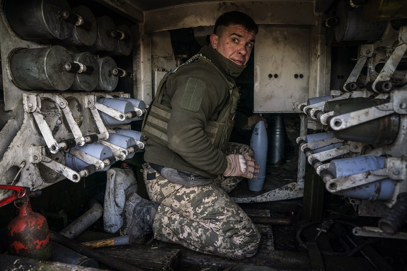 DONETSK OBLAST, UKRAINE - FEBRUARY 26: Ukrainian soldiers prepare their next artillery fire from their fighting position as the Russia-Ukraine war continues in the direction of Bakhmut, Donetsk Oblast, Ukraine on February 26, 2024. (Photo by Jose Colon/Anadolu via Getty Images)