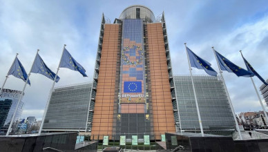 BRUSSELS, BELGIUM - JANUARY 03: The Headquarters of the European Commission (Berlaymont Building) and European Union flags are seen in Brussels, Belgium on January 3, 2023. (Photo by Dursun Aydemir/Anadolu Agency via Getty Images)