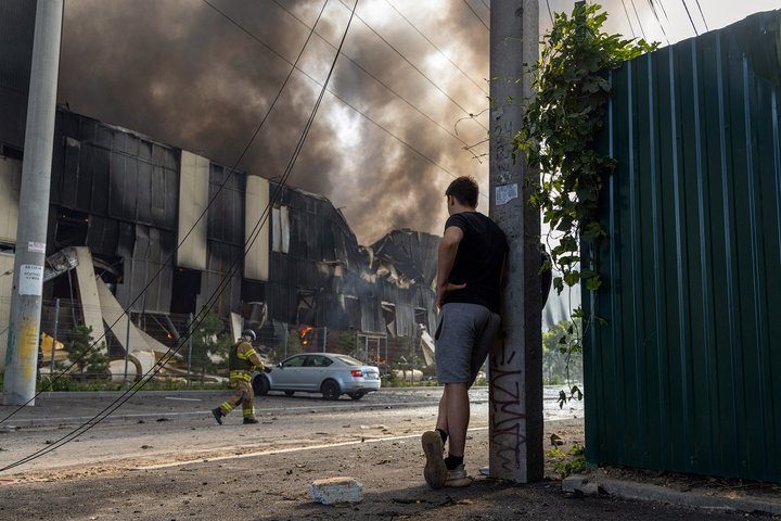 TOPSHOT - Firefighters work to extinguish a fire at the site of a Russian missile strike in Odesa, on June 24, 2024, amid the Russian invasion of Ukraine. (Photo by Oleksandr GIMANOV / AFP) (Photo by OLEKSANDR GIMANOVOLEKSANDR GIMANOV/AFP via Getty Images)
