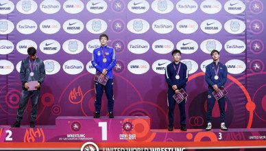 Podium 74kg FS - Gold: Vadym Tsurkan (UKR), Silver: Giorgi Gogritchiani (GEO), Bronze: Tamir Eshinimaev (AIN), Seyfulla Itaev (FRA)