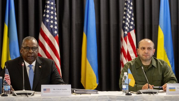 US Defense Secretary Lloyd Austin, left, and Rustem Umerov, Ukraine's Defense Minister attend the meeting of the 'Ukraine Defense Contact Group' at Ramstein Air Base in Ramstein, Germany, Tuesday, Sept. 19, 2023. Austin urged allied defense leaders Tuesday to “dig deep" and provide more air defense systems for Ukraine, to help the country block increasing barrages of Russian missiles. (AP Photo/Michael Probst)