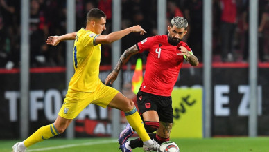 Albania's defender #04 Elseid Hysaj (R) and Ukraine's midfielder #21 Vladyslav Kabaiev vie for the ball during the League B Group B1 football match of the UEFA Nations League between Ukraine and Albania in Prague, Czech Republic, on September 7, 2024. (Photo by Michal Cizek / AFP) (Photo by MICHAL CIZEK/AFP via Getty Images)