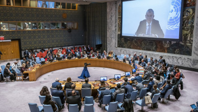 Philippe Lazzarini, Commissioner-General of the United Nations Relief and Works Agency for Palestine Refugees in the Near East is seen on a screen as he speaks to members of the U.N. Security Council at United Nations headquarters Monday, Oct. 30, 2023. (AP Photo/Eduardo Munoz Alvarez)