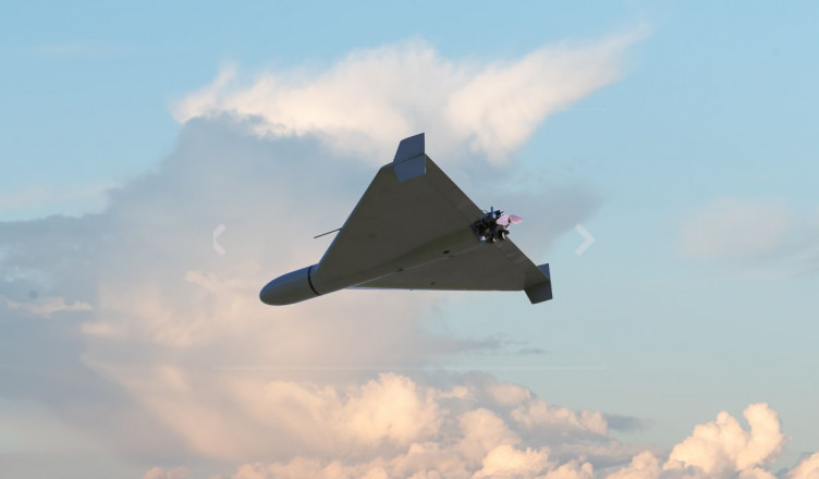 Russian army kamikaze combat drone in the sky against clouds, war in Ukraine, drone attack, 3d render.