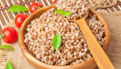 Buckwheat porridge in a wooden bowl