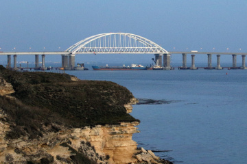 A view of Crimean Bridge across the Kerch Strait closed for the passage of civil vessels after three Ukrainian Navy vessels illegally crossed the Russian border into Russia's territorial waters. (Alexei PavlishakTASS via Getty Images)