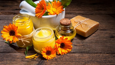 Homemade,Calendula,Ointment,,Soap,And,Oil,On,Wooden,Table